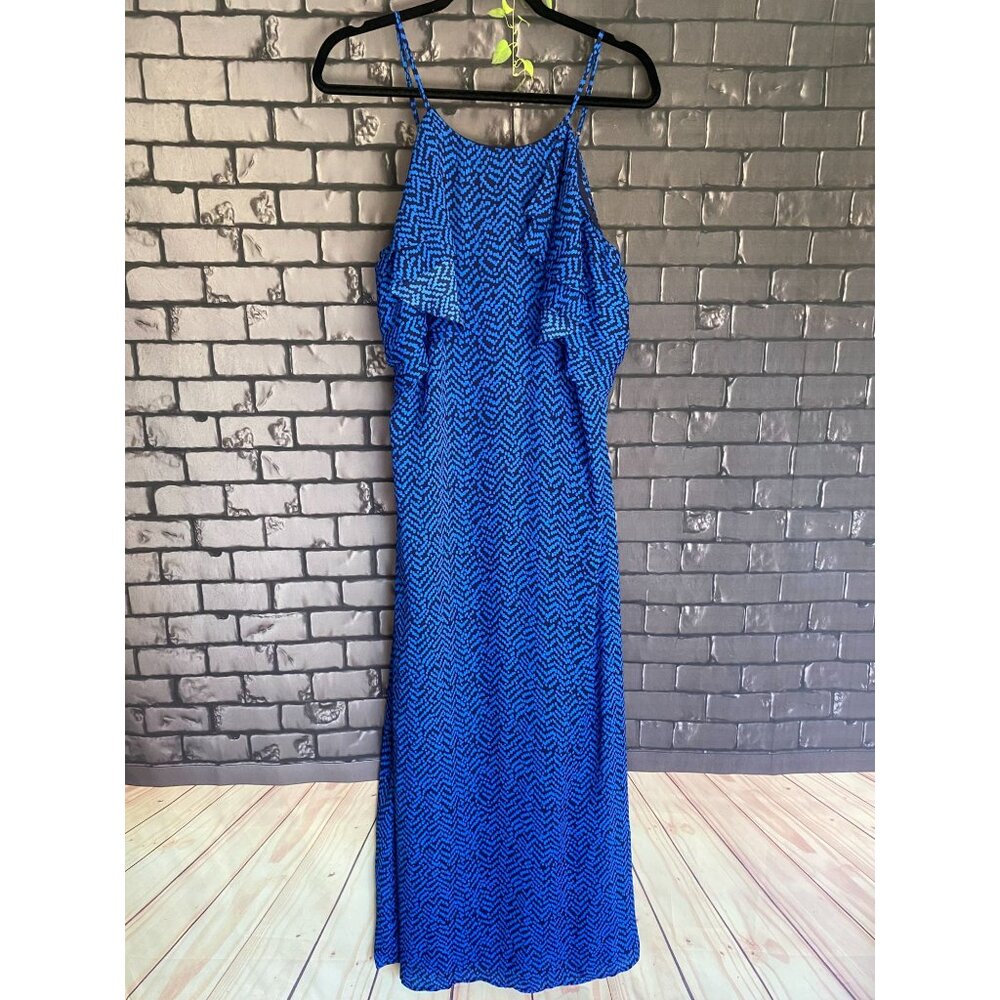 Banana Republic Cobalt Print Ruffle Top Chiffon Maxi Dress 12